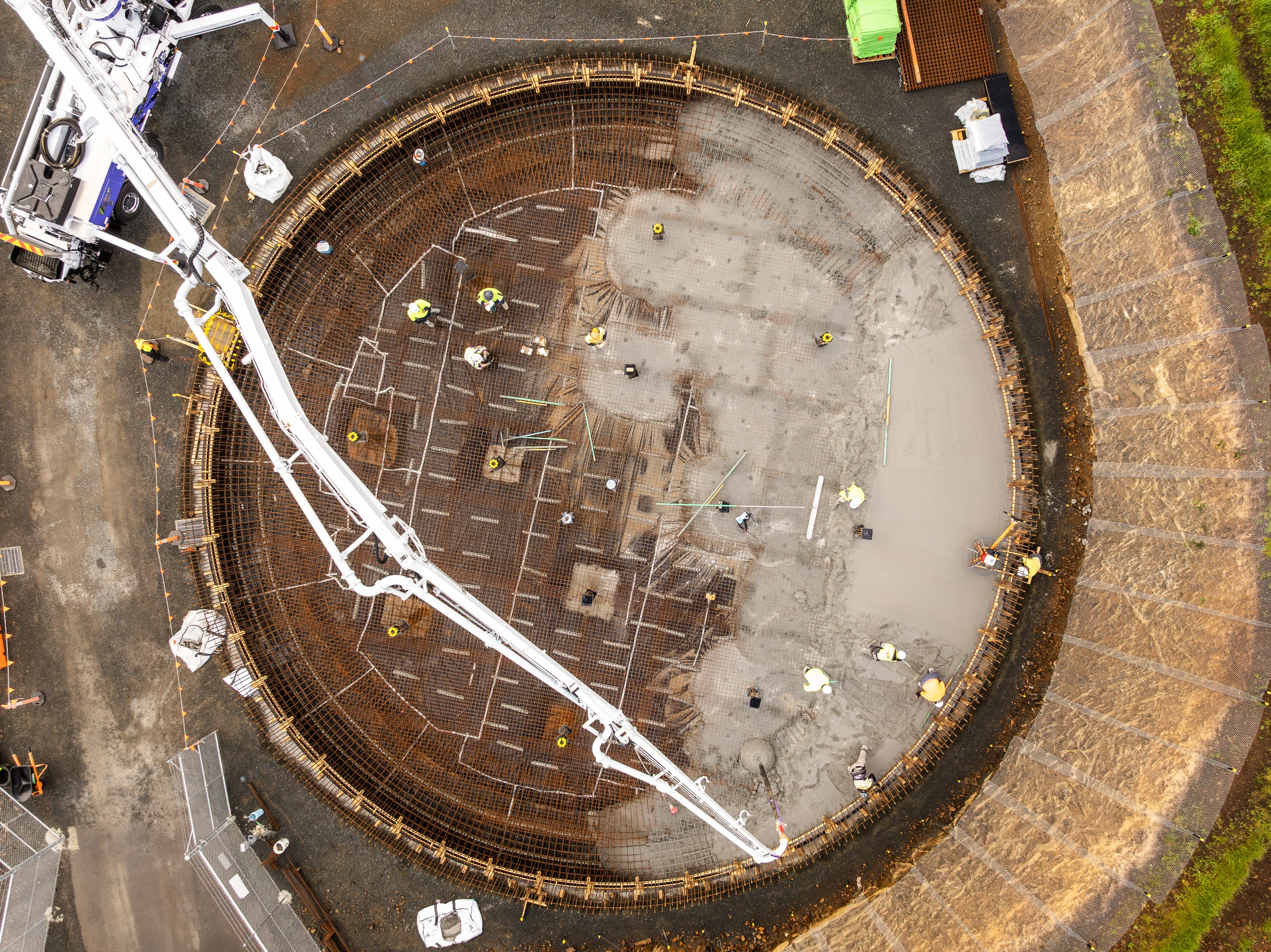 Birds eye view of the Dover Reservoir concrete being poured