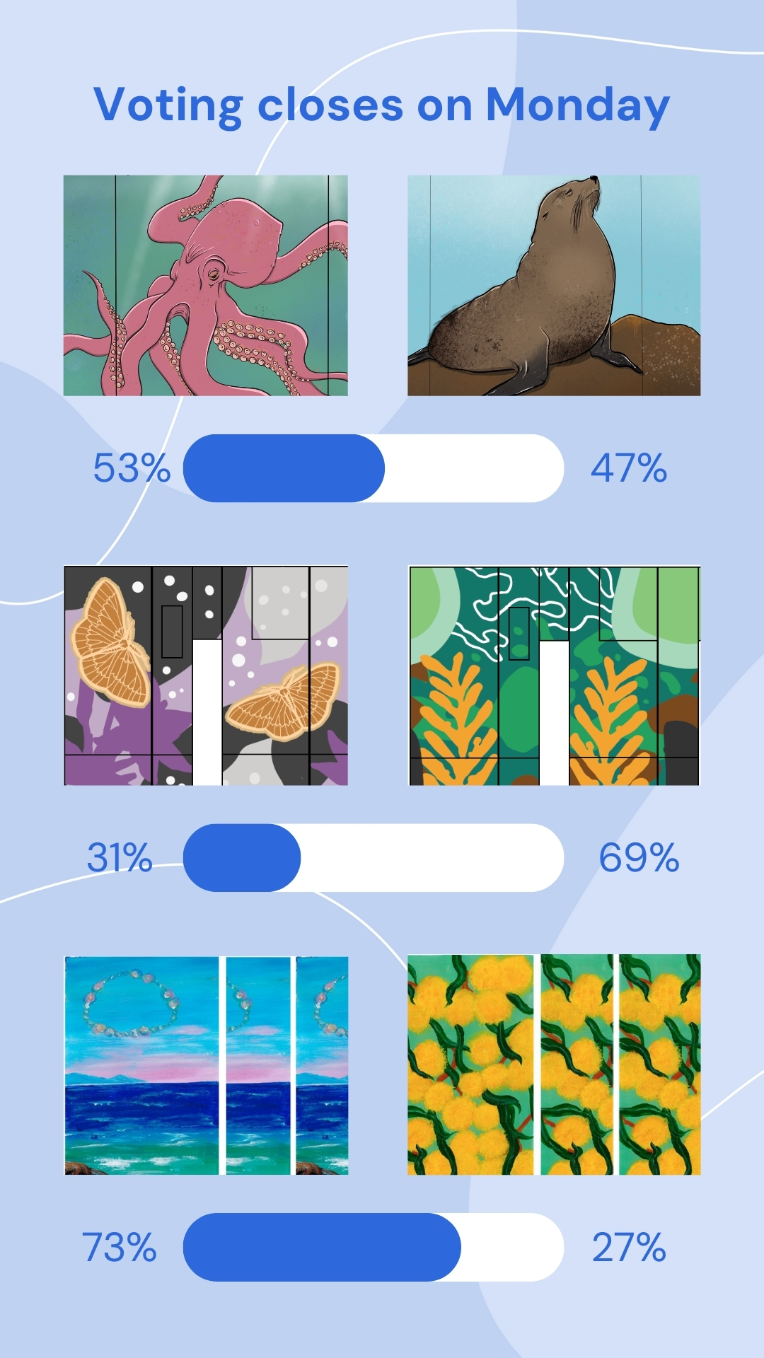 Collage of artwork designs on light blue background. Artwork is of native flora and fauna, featuring a seal and an octopus. 