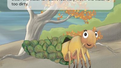 Cartoon character card of a caddisfly called Dan